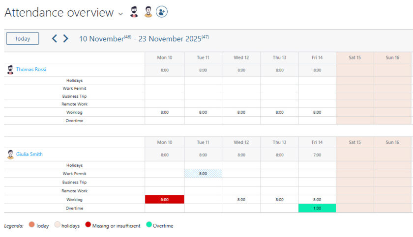 attendance overview in Twproject