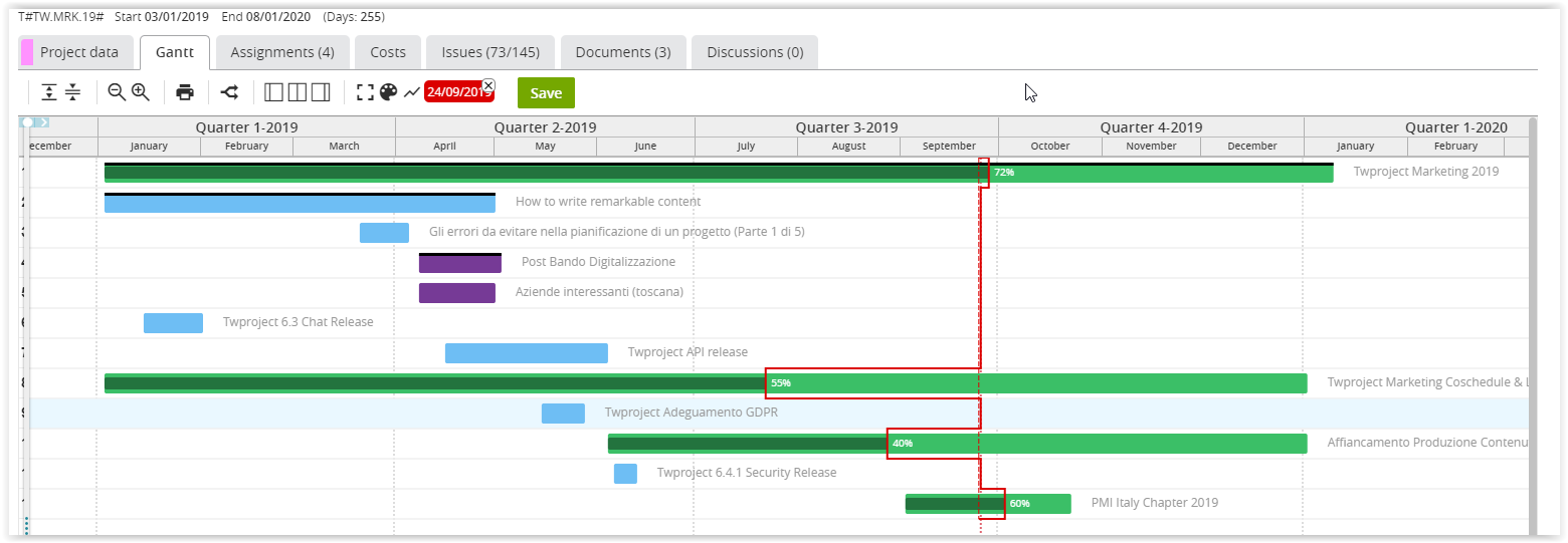 New Twproject Release 6.5.65011 – Project progress check bars on Gantt